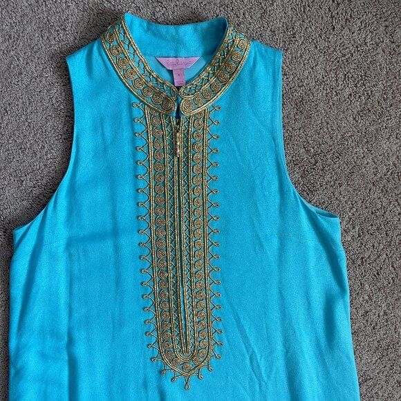 Lilly Pulitzer IBIZA BLUE JANE SHIFT DRESS Gold Braid Nehru Sleeveless Dress Sz6 - Picture 4 of 12